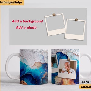 May include: Two white mugs with handles, one with a blue and white abstract design and the other with the same design and a photo of a woman in a white shirt. The text "Add a background" and "Add a photo" is above the mugs.