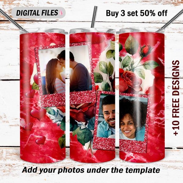 Photo picture tumbler wrap with 2 frames Red tumbler 20 Oz skinny tumbler wrap seamless with flowers Valentine tumbler design