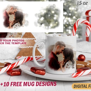 Photo mug wrap with 2 photo frames Sublimation mug png White coffee mug template with photo picture Mug 15 oz and 11 oz png files
