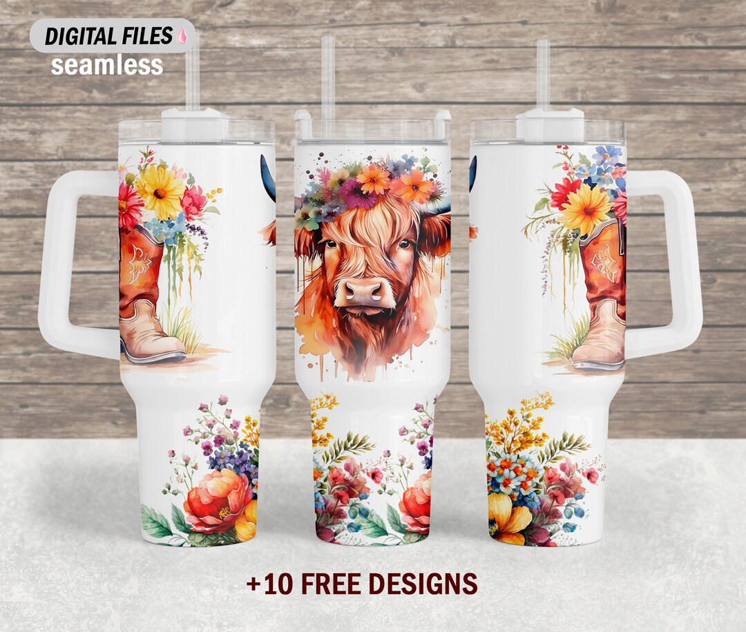 Highland Cow 40 Oz Tumbler Wrap Png File, Cottagecore Sublimation ...