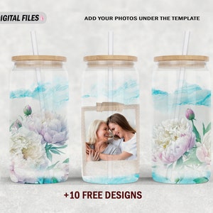 Photo frame 16 Oz glass can for sublimation designs 16 Oz libbey glass wrap for one photo 16Oz tumbler template Picture tumbler png for mom