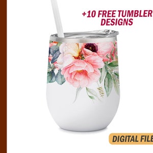 Puede incluir: Un vaso de vino blanco de 350 ml con un diseño floral con flores de acuarela rosa, blanca y verde. El vaso tiene una tapa y una pajita. +10 DISEÑOS DE VASOS GRATIS. ARCHIVOS DIGITALES