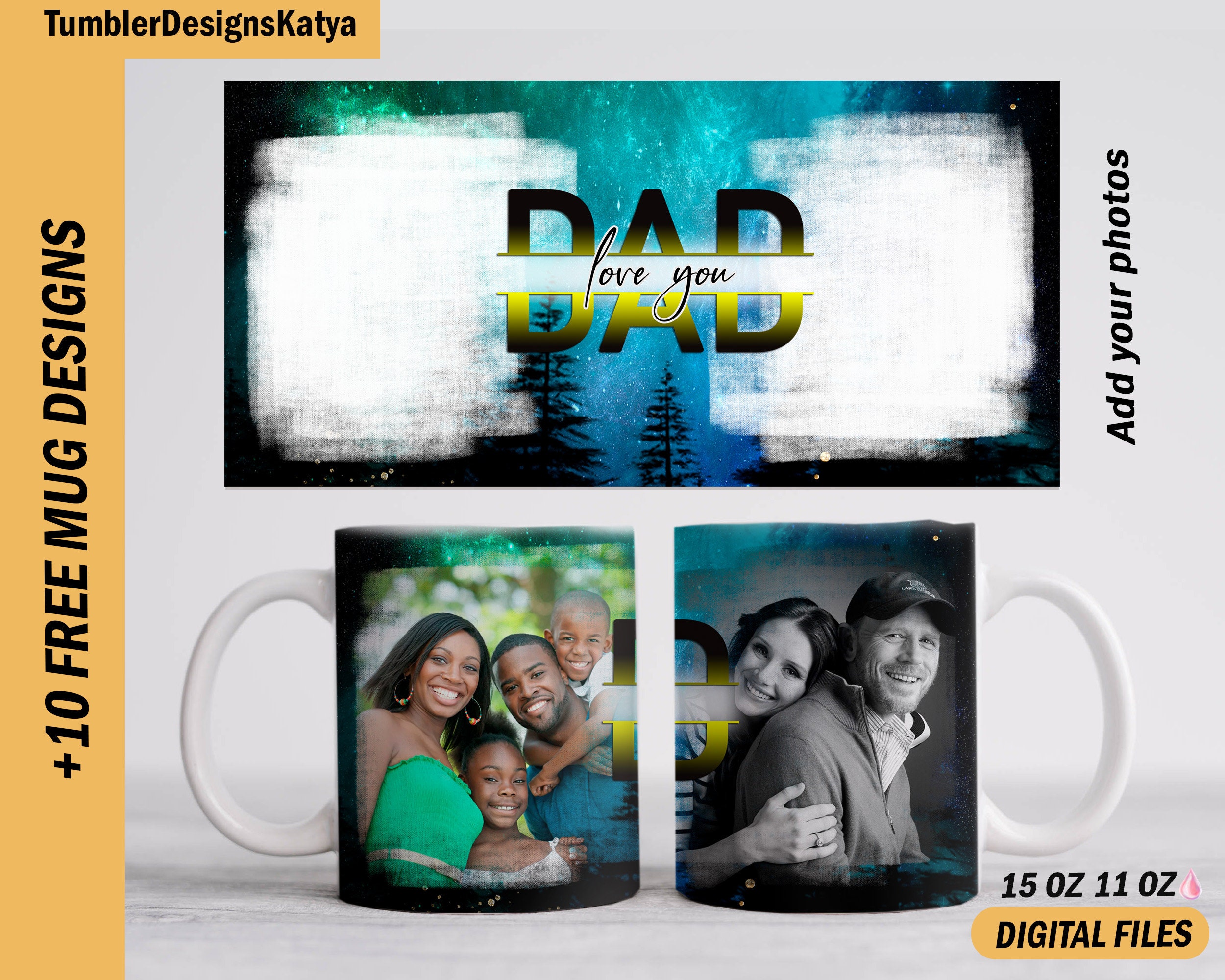 Papa Liebe Becher wickeln mit 2 Fotorahmen Vatertagsbecher Png-Dateien für Sublimationsdesigns Fotovorlage für 15 oz und 11 oz Becher Sublimation