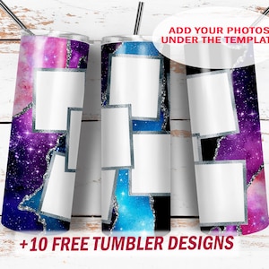 7 photo collage tumbler wrap Sublimation designs for 20 oz skinny cups template Black and purple background digital downloads