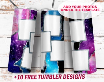 7 diseños de sublimación de envolturas para vasos con collage de fotos para plantillas de vasos delgados de 20 oz Descargas digitales con fondo negro y morado