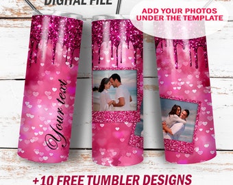 Valentine's Day tumbler template with 2 photo frames Pink glitter background with hearts Png files for sublimation designs digital download