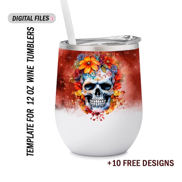 Red 12 Oz wine tumbler template Halloween wine tumbler wrap with skull Png file for sublimation design Seamless background for wine cups