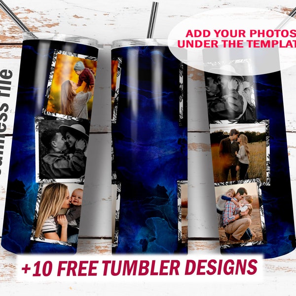 Blue tumbler wrap with 6 photo frame Png file for sublimation designs Seamless pattern Family tumbler 20 Oz skinny cup digital file