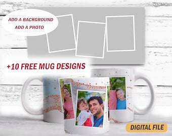 May include: White ceramic mug with a design featuring a collage of photos and a rose gold glitter background. The mug has a handle and says "DIGITAL FILE" at the bottom.