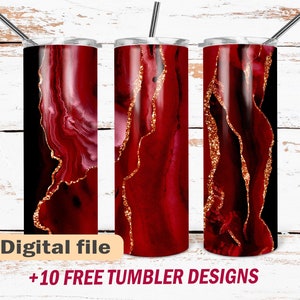 May include: Three stainless steel tumblers with a red and gold agate design. The tumblers are on a white wooden background. Digital file +10 FREE TUMBLER DESIGNS