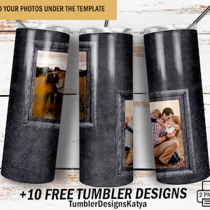 May include: Three black and gray stainless steel tumblers with a leather-like texture. Each tumbler has a rectangular photo frame with a different family photo inside. The text "ADD YOUR PHOTOS UNDER THE TEMPLATE" is at the top of the image. The text "+10 FREE TUMBLER DESIGNS" is at the bottom of the image. The text "TumblerDesignsKatya" is below the text "+10 FREE TUMBLER DESIGNS".