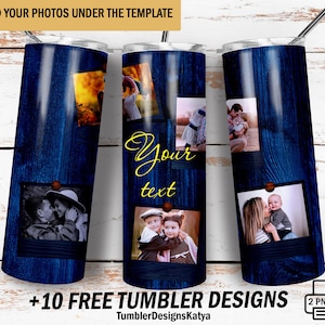 Sjabloon voor blauwe beker met 5 fotolijsten Omslag beker Png-bestand voor sublimatieontwerpen Omslag beker voor mannen 20 Oz bekerontwerp