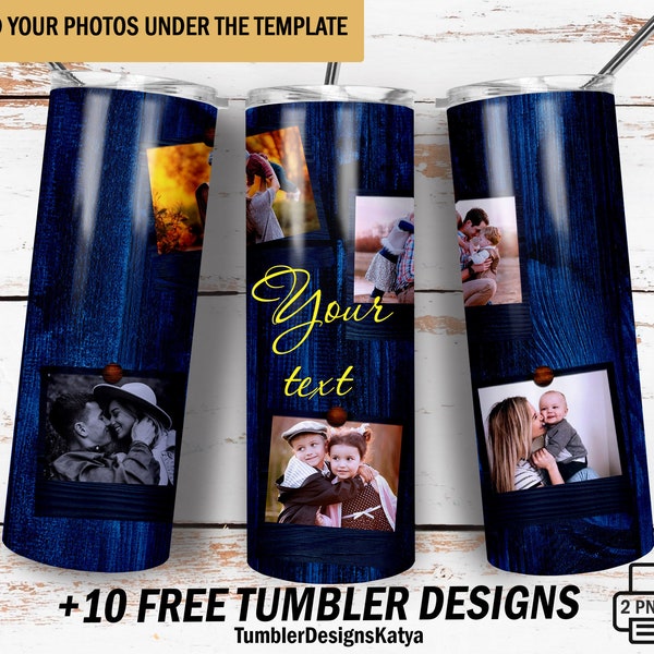 Blue tumbler template with 5 photo frames Picture tumbler wrap Png file for sublimation designs Family tumbler wrap Men 20 Oz tumbler design