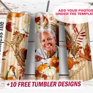 Personalised 20 oz skinny tumbler png with photo frame, Seamless, Picture tumbler wrap with pumpkins, sublimation designs, Fall cup wrap