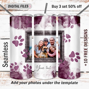 Paws tumbler wrap with photo frame Pet tumbler png file for sublimation designs Seamless tumbler design  20Oz tumbler template with paws