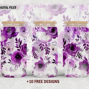 May include: Three clear glass jars with wooden lids and purple watercolor floral designs. The jars are on a white background with the text "DIGITAL FILES" and "+10 FREE DESIGNS".