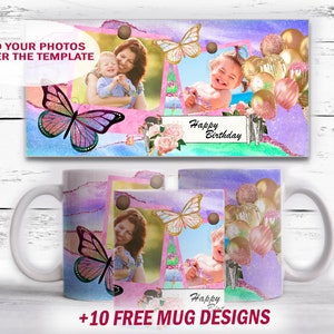 Happy Birthday Tasse Sublimationsdesign mit 2 Fotorahmen Bildbechervorlage 15 oz und 11 oz Sublimationsdesigns Downloads für Kaffeetasse