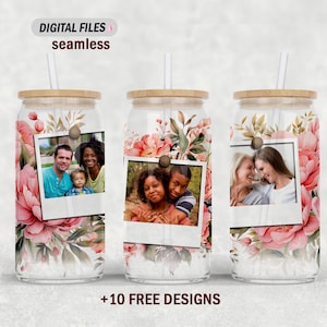 May include: Three clear glass tumblers with lids and straws. Each tumbler features a floral design with pink flowers and green leaves. A photo is inserted into each tumbler, showing a family of three, a mother and daughter, and a couple.