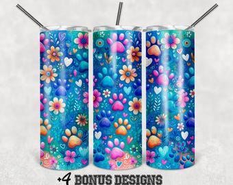 Sublimatieprint met pootafdruk op drinkbeker, 20 oz Skinny tumbler wrap, kleurrijke bloemenprint voor dierenliefhebber (PNG), cadeau voor honden- en kattenmoeder, digitale download