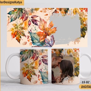Personalised photo mug wrap with 1 frame Fall mug template for 15 oz and 11 oz,  Sublimation designs, picture coffee cup, Fall mug png