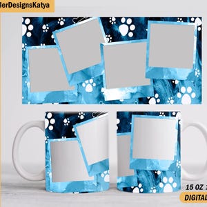 Pet mug wrap with 4 photos, Paws mug png, sublimation designs, Photo mug template for 15 oz, 11 oz mug, Coffee mug template for 4 pictures