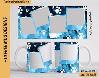 Pet mug wrap with 4 photos, Paws mug png, sublimation designs, Photo mug template for 15 oz, 11 oz mug, Coffee mug template for 4 pictures