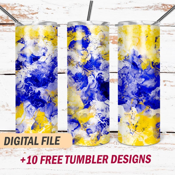 Royal blue and yellow tumbler png file for sublimation designs 20 Oz skinny tumbler wrap Alcohol ink background instant downloads