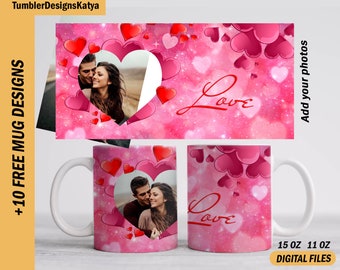 Valentine mug sublimation design pink Template with 1 frame 15 oz and 11 oz mug wrap Heart mug wrap Coffee cup png Picture mug template