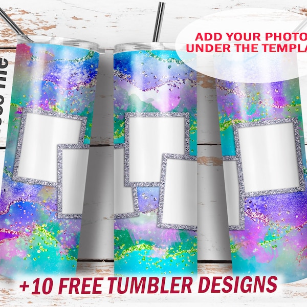 Blue tumbler png with 5 photos picture Wrap for sublimation designs 20 Oz skinny tumbler template Colorful background png