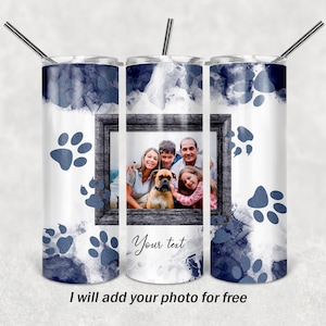 Paws tumbler wrap with photo frame Pet tumbler png file for sublimation designs Seamless tumbler design blue 20Oz tumbler wrap with paws