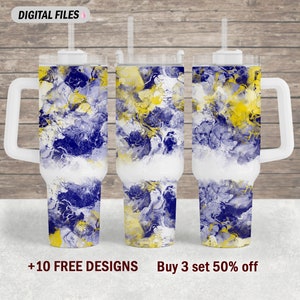 May include: Three white stainless steel tumblers with a blue and yellow abstract marble design. The tumblers have a handle and a lid with a straw.