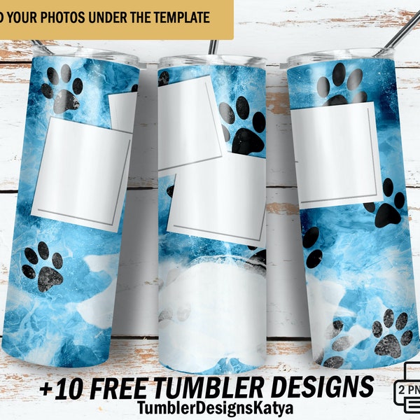 Paws tumbler wrap with 4 photo frames Dog tumbler wrap png file for sublimation design 20 Oz skinny tumbler png Blue tumbler design seamless