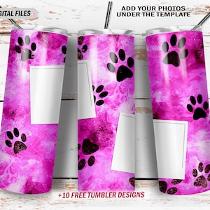Photo collage tumbler wrap design with dog paws, Png file for sublimation designs, Pink tumbler png, seamless for 20 oz skinny cups