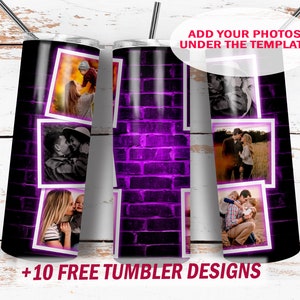 Purple neon photo tumbler template for 20 oz tumbler sublimation designs with 6 photo frames Dark background for photo pictures