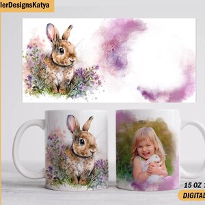 May include: Two white mugs with a watercolor design. One mug features a brown rabbit with purple flowers. The other mug features a young girl holding a white rabbit. Both mugs have a purple watercolor background. The text "Add your photos" is on the right side of the image.
