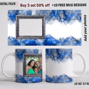 May include: A white ceramic mug with a blue and gray watercolor design. The mug has a photo frame with a family photo inside. The mug is 15 ounces and 11 ounces.
