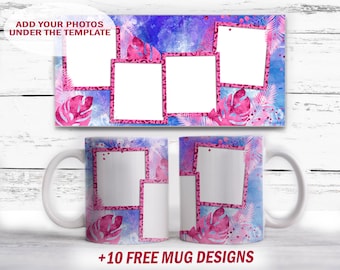 Purple mug template for 4 photos Alcohol ink background with pink leaves Holiday sublimation designs for coffee cups