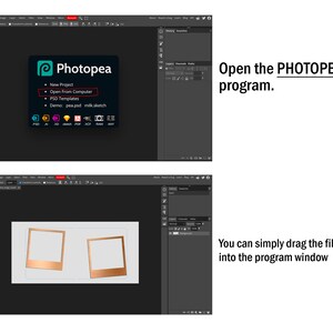 May include: Screenshot of the Photopea program interface showing the options to create a new project, open a file from your computer, or use a PSD template. The program window shows two empty photo frames with a copper-colored border.