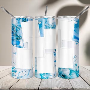May include: Three cylindrical tumblers with metal straws, featuring a blue and white watercolor ink wash background with multiple blank white rectangular photo frames arranged in a collage layout across the surface of each cup.