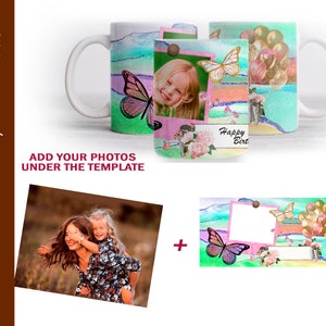 May include: Two 11 ounce white ceramic mugs with a watercolor design featuring butterflies, flowers, and balloons. The mugs have a blank space for adding a photo. The text "Happy Birt" is visible on one of the mugs.