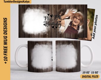 Photo mug template for 15 oz, 11 oz, Grandma mug wrap with 2 photos, Sublimation mug, coffee mug template, personalised birthday gifts