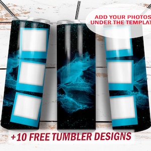 Photo tumbler sublimation designs with 6 images, blue tumbler wrap png files for 6 pictures, Alcohol ink background with 6 photos