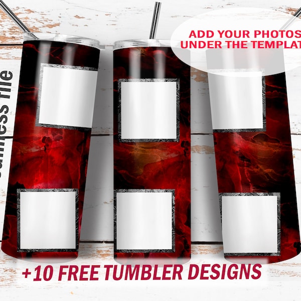 Photo tumbler wrap for 6 pictures Red 20 oz skinny tumbler Photo frame template Png file for sublimation designs download Seamless pattern