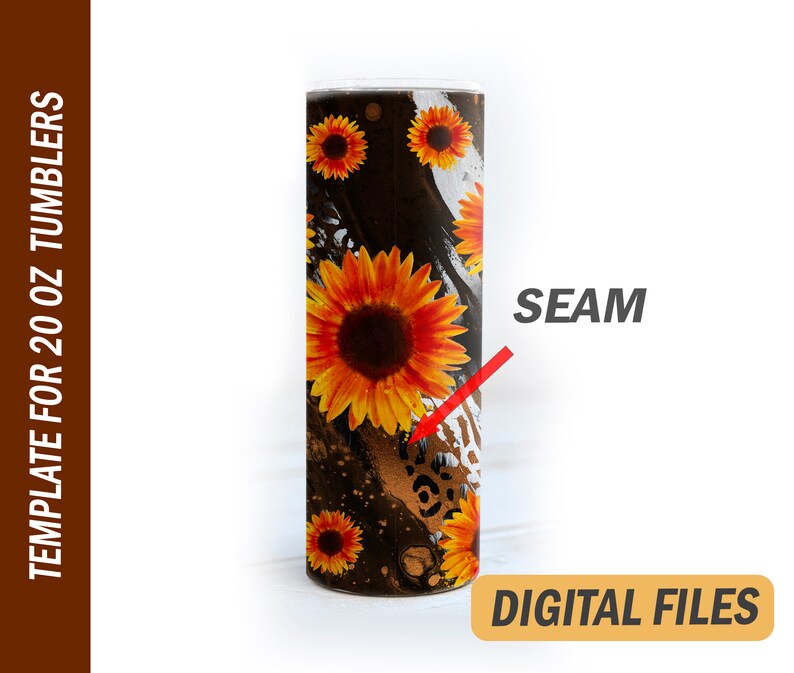 May include: A 20 oz tumbler template featuring a black background with a white and gold abstract design and a pattern of sunflowers. The word "SEAM" is written in red on the right side of the image.