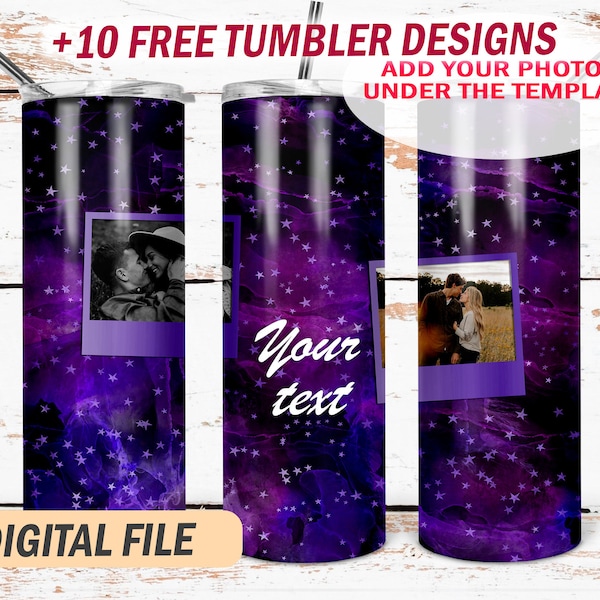 2 photo picture tumbler template Png file for sublimation designs Photo tumbler png Galaxy purple background seamless Digital downloads