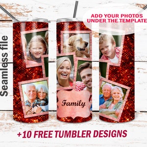 Może przedstawiać: Czerwony kubek z brokatem z wzorem różowej ramki. Kubek zawiera kolaż zdjęć rodzinnych z napisem "Rodzina" w środku.