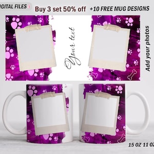 Può includere: Due tazze bianche con un design a stampa di zampa rosa e bianca. Le tazze sono da 11 e 15 once. Le tazze hanno una cornice fotografica bianca con un bordo rosa e uno sfondo bianco. Il testo "Your text" e "Add your photos" è sull'immagine.