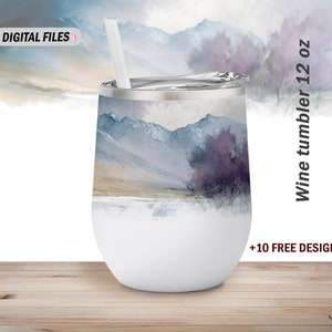 Envoltório de copo de vinho cinza com flores Arquivo PNG para downloads de designs de sublimação Fundo de montanhas para modelo de copos de vinho de 12 onças