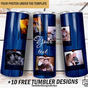 Blue wood tumbler wrap with 5 blue frames Picture tumbler template Image tumbler png file for sublimation designs 20 oz skinny tumbler png