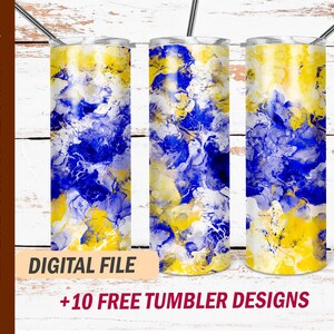 May include: Three 30 oz stainless steel tumblers with a blue, white, and yellow abstract marble design. DIGITAL FILE +10 FREE TUMBLER DESIGNS.
